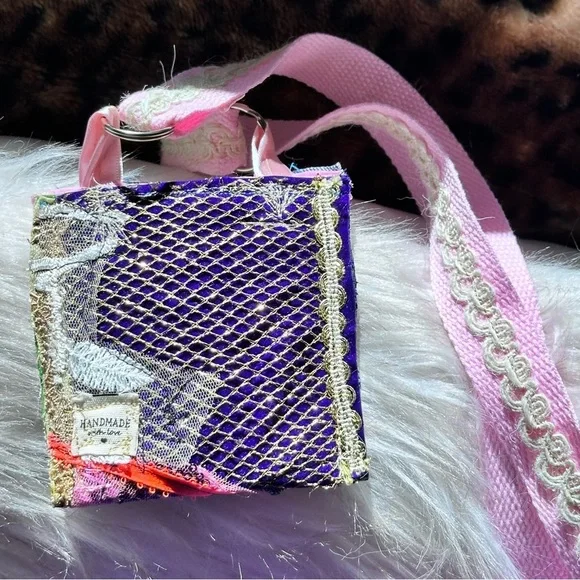 Fabric Collage Wallet Hand Crafted Pink and Black Butterfly Bag Purse Necklace - Picture 7 of 10